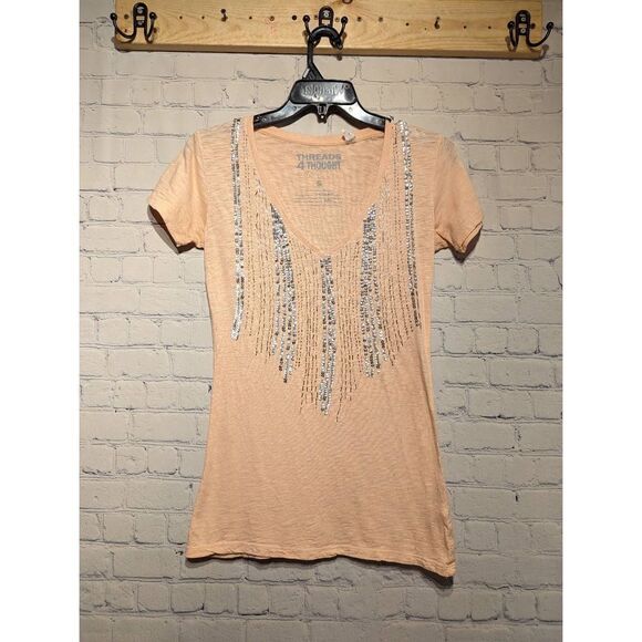 Thread 4 Thought beaded v-neck tshirt small - Picture 1 of 4